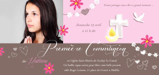 Carte d'invitation panoramique communion fille, personnalisable, fleurs
