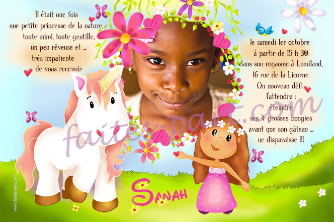 Invitation anniversaire licorne pour fille avec un décor festif, des p –  Omade