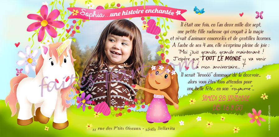 Carte d'invitation anniversaire enfant licorne - Fête