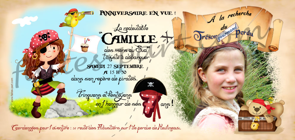 Carte invitation anniversaire enfant personnalisée - Thème pirate