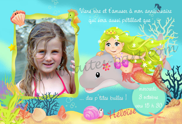 Carte d'invitation anniversaire enfant petite sirène - Fête